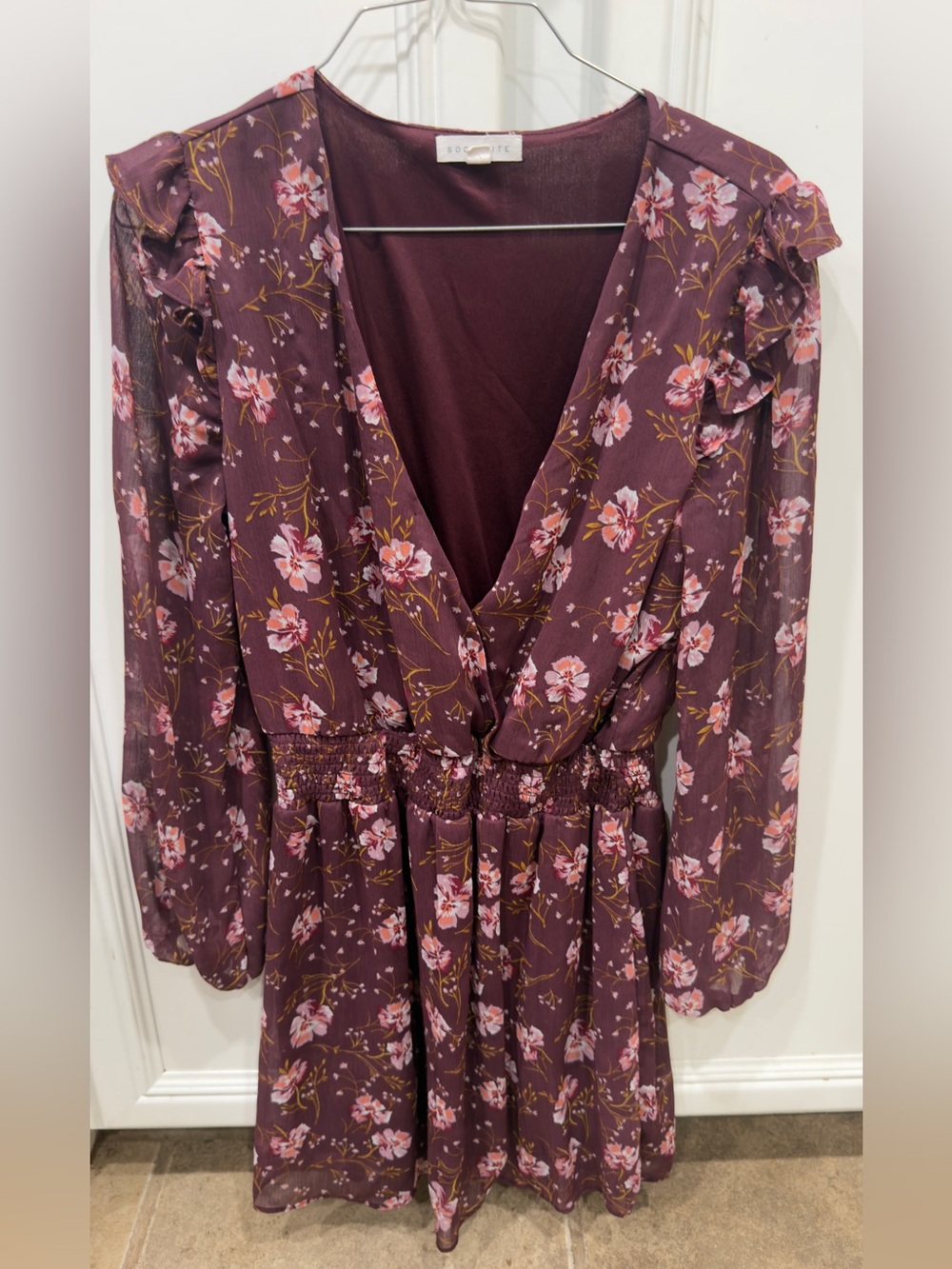 Socialite Plum Floral V-Neck Ruffle Long Sleeve Dress